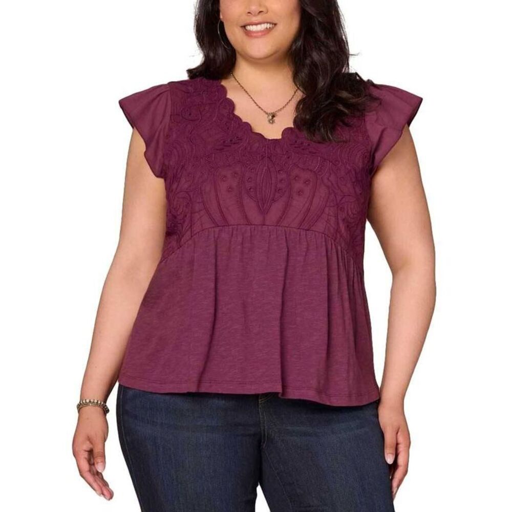 Democracy Womens Trendy Plus Embroidered Flutter Sleeve Blouse 3X Passion Fruit
